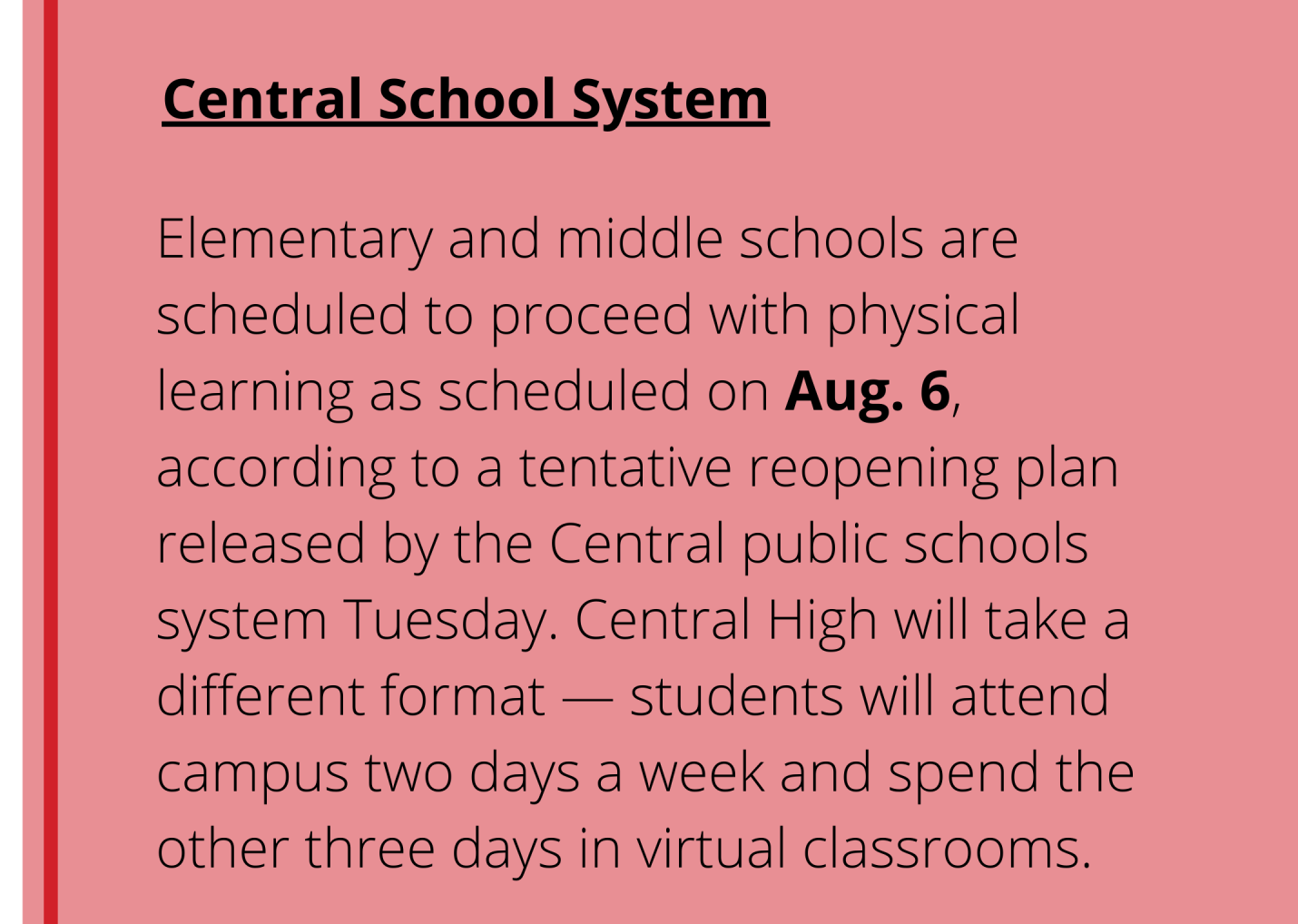 Central School System fall 2020 reopening plans